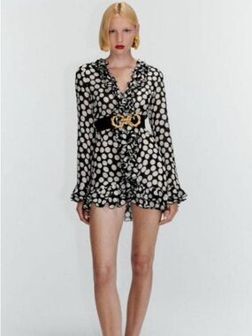 NWT Zara Sheer Black & White Polka Dot Ruffle Blouse | Feminine Romantic Size XS